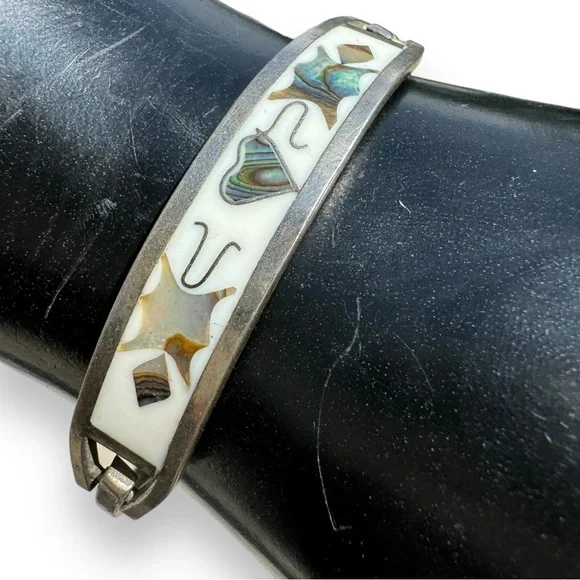 Vintage Alpaca Silver and Abalone Shell Bracelet - Picture 6 of 7